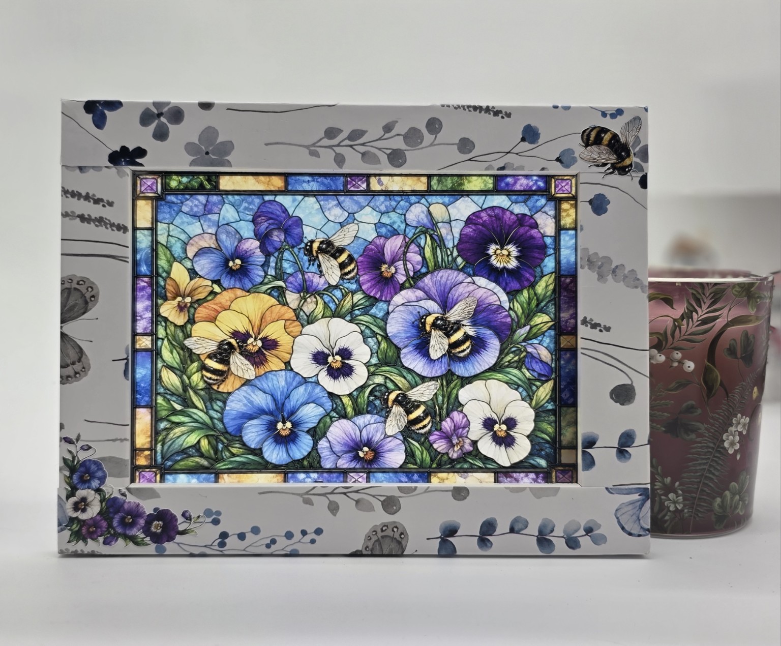 Pansies and bumblebees framed art